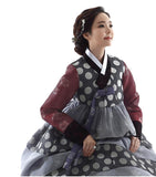 Woman wearing a Custom Women's Bridal Hanbok with Polka Dots