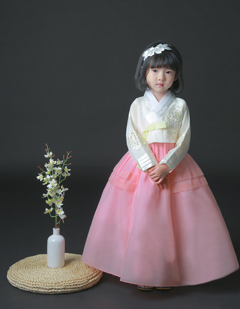 Girl's Korean Hanbok: Delicate Peony in Yellow & Pink