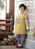 Young boy wearing a yellow and purple korean hanbok standing next to a wall
