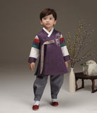 Young boy wearing a royal purple hanbok and looking up