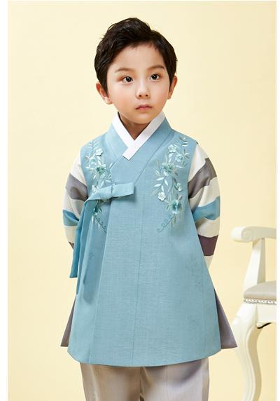 Young boy wearing a slate blue hanbok and arms behind his back