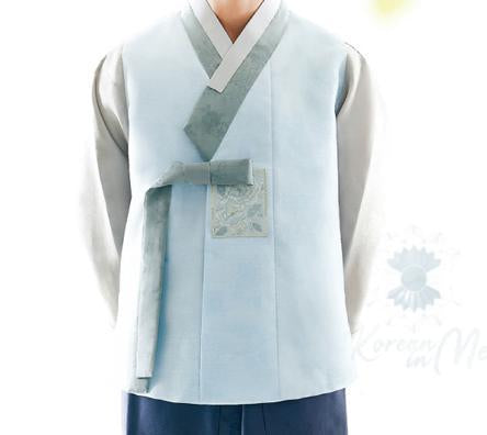 Custom grooms hanbok blue top closeup