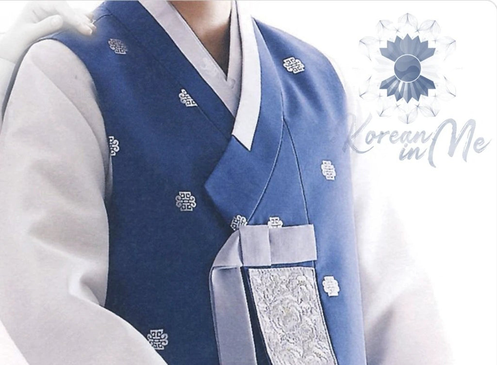 Custom grooms hanbok blue satin top closeup
