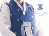 Custom grooms hanbok blue satin top closeup