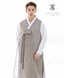 Man wearing custom grooms hanbok patterned gray top