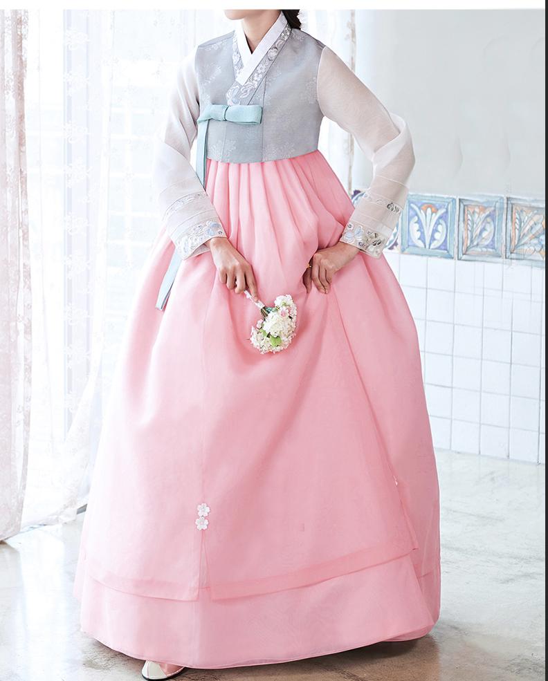 Custom Women's Bridal Hanbok: Blue and Pink Sheer Top-The Korean In Me