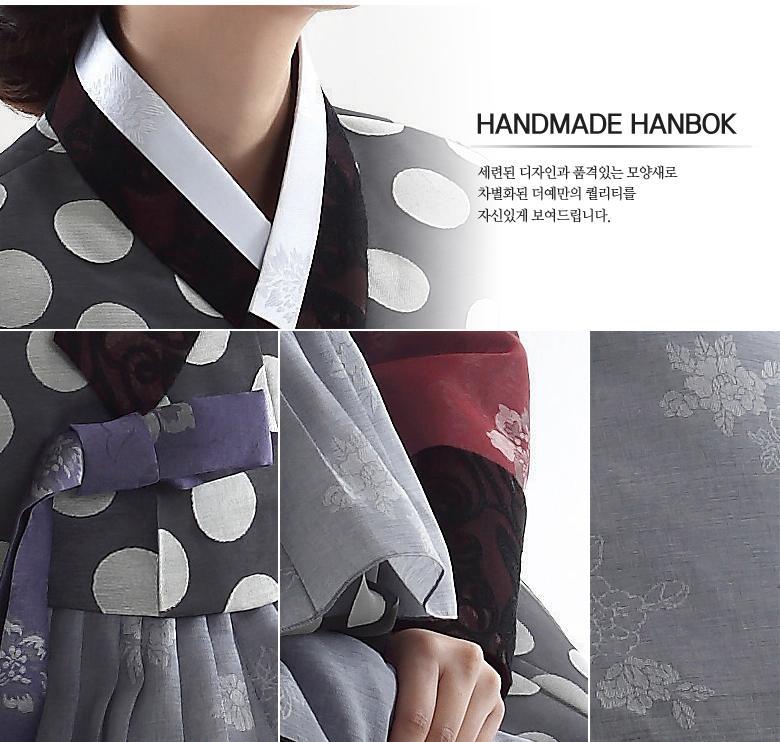 Woman wearing a Custom Women's Bridal Hanbok with Polka Dots Closeup
