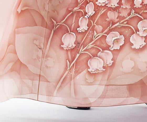 Closeup of skirt of Custom Women's Bridal Hanbok in Floral Sheer Pearl style