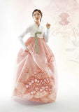 Woman wearing Custom Women's Bridal Hanbok in Floral Sheer Pearl style