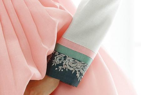 Closeup of sleeve for Custom Women's Bridal Hanbok in Pale Floral style