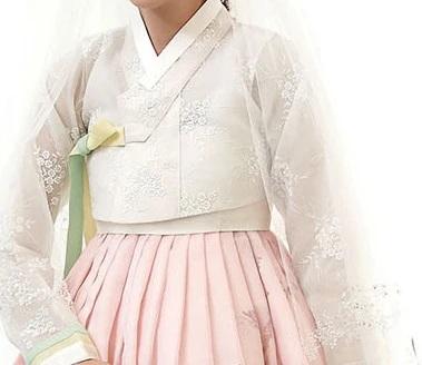 Closeup of Custom Women's Bridal Hanbok in Peach Tulle style