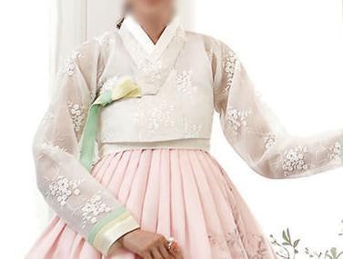 Closeup of Top of Custom Women's Bridal Hanbok in Peach Tulle style