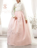 Woman wearing Custom Women's Bridal Hanbok in Peach Tulle style