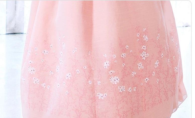 Closeup of skirt for Custom Women's Bridal Hanbok in Peach
