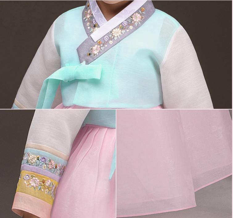 Closeup of young girl wearing a girls korean hanbok with lavender top and pink skirt