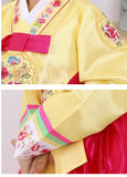 Closeup of top of a girls korean hanbok with yellow top and bright red skirt
