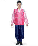 man wearing men's korean hanbok with pink top and navy pants