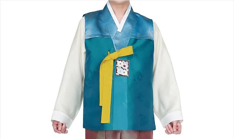 man wearing men's korean hanbok with teal top