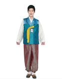 man wearing men's korean hanbok with teal top and brown pants
