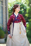 Women's Korean Hanbok: Crimson Red Top Beige Skirt
