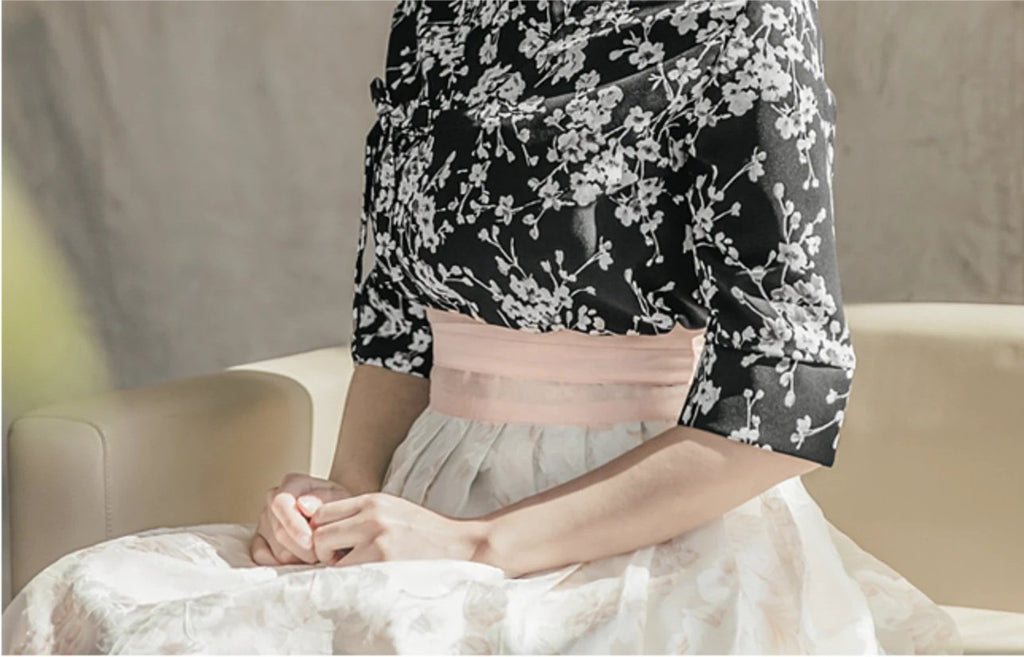 Women's Modern Hanbok: Black Cherry Flower Top with White Lace Skirt-The Korean In Me