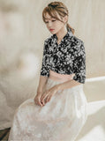 Women's Modern Hanbok: Black Cherry Flower Top with White Lace Skirt-The Korean In Me