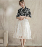 Women's Modern Hanbok: Black Cherry Flower Top with White Lace Skirt