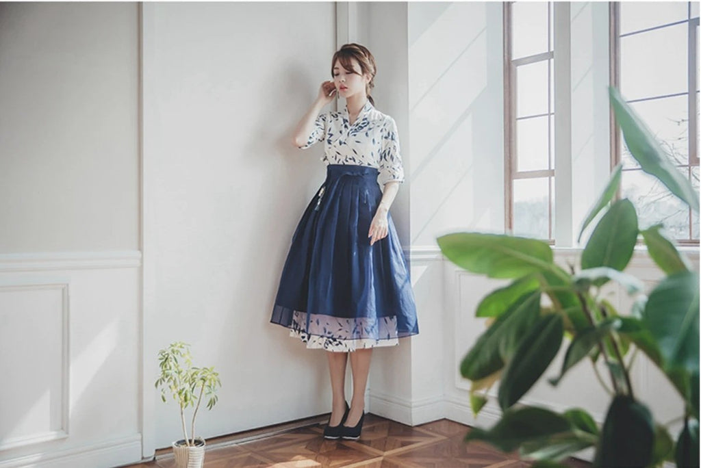 Women's Modern Hanbok: Blue Floral Print Dress with Royal Blue Skirt-The Korean In Me