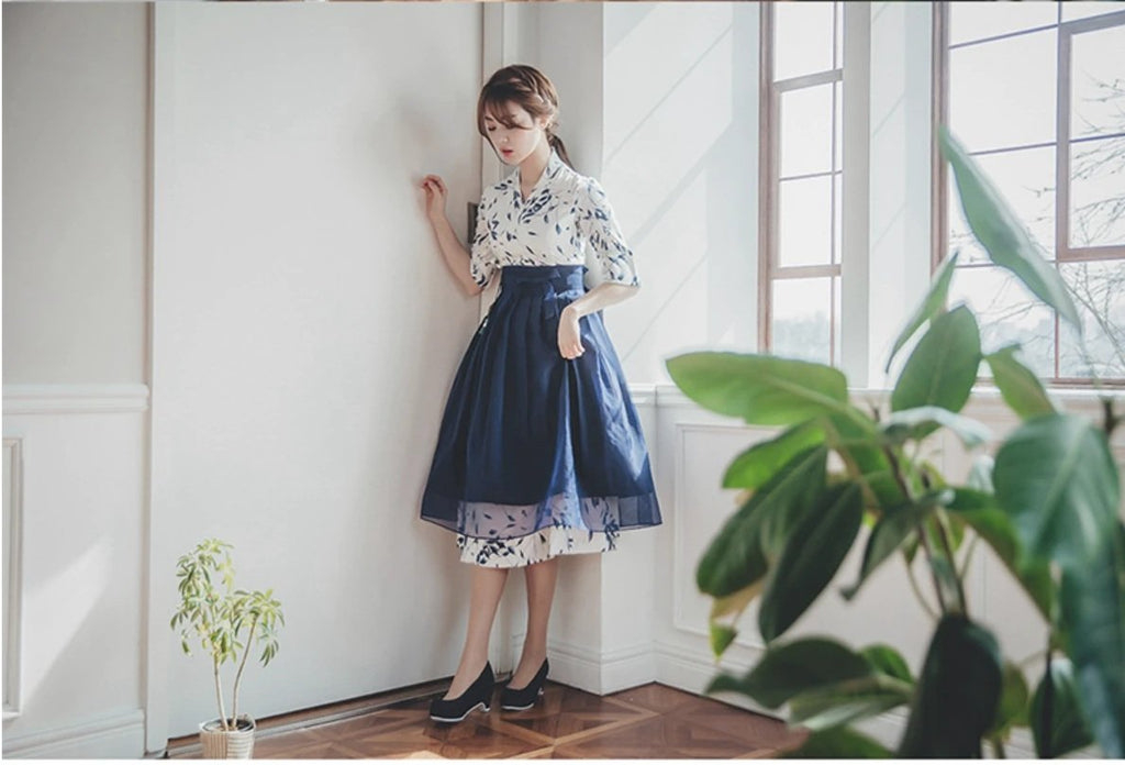 Women's Modern Hanbok: Blue Floral Print Dress with Royal Blue Skirt-The Korean In Me
