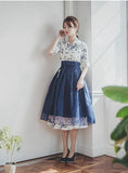 Women's Modern Hanbok: Blue Floral Print Dress with Royal Blue Skirt
