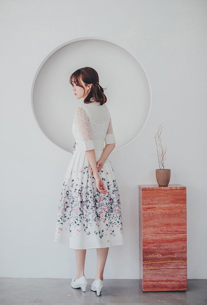 Women's Modern Hanbok: Cream Lace Dress with Soft Floral Print Skirt-The Korean In Me