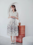 Women's Modern Hanbok: Cream Lace Dress with Soft Floral Print Skirt