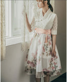 Women's Modern Hanbok: Lace Top with Pastel Peony Skirt
