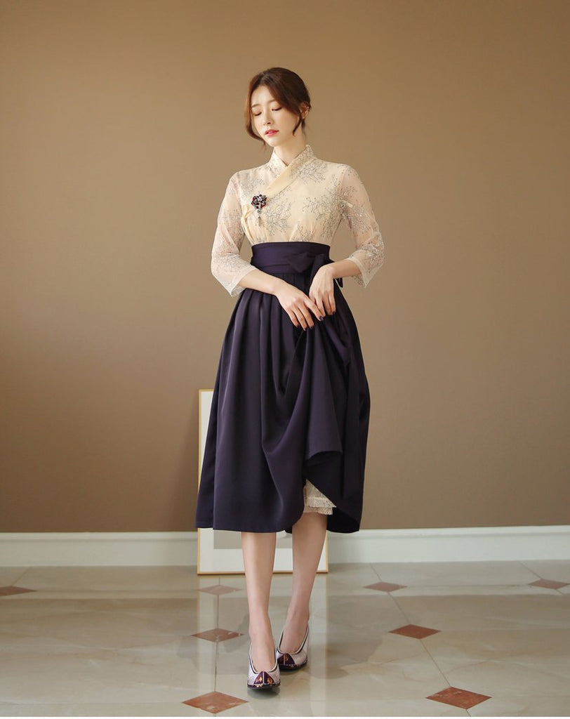 Women's Modern Hanbok: Midnight Beige Dress-The Korean In Me