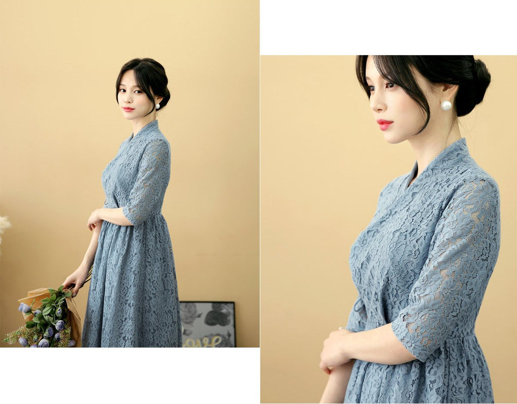 Women's Modern Hanbok: Periwinkle Lace Dress-The Korean In Me