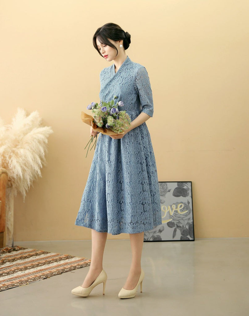 Women's Modern Hanbok: Periwinkle Lace Dress-The Korean In Me