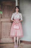 Women's Modern Hanbok: Pink Watercolor Top with Tulle Skirt-The Korean In Me