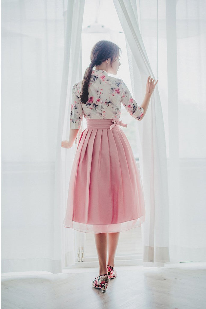 Women's Modern Hanbok: Pink Watercolor Top with Tulle Skirt-The Korean In Me