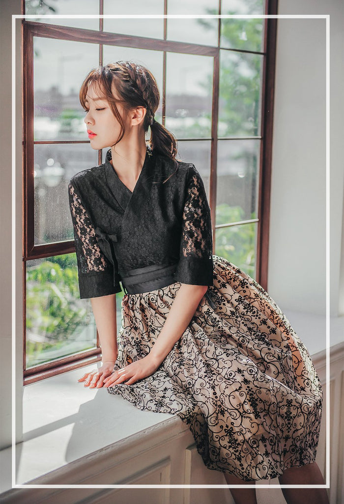 Women's Modern Hanbok: Romantic Black Lace Top with Beige Skirt-The Korean In Me