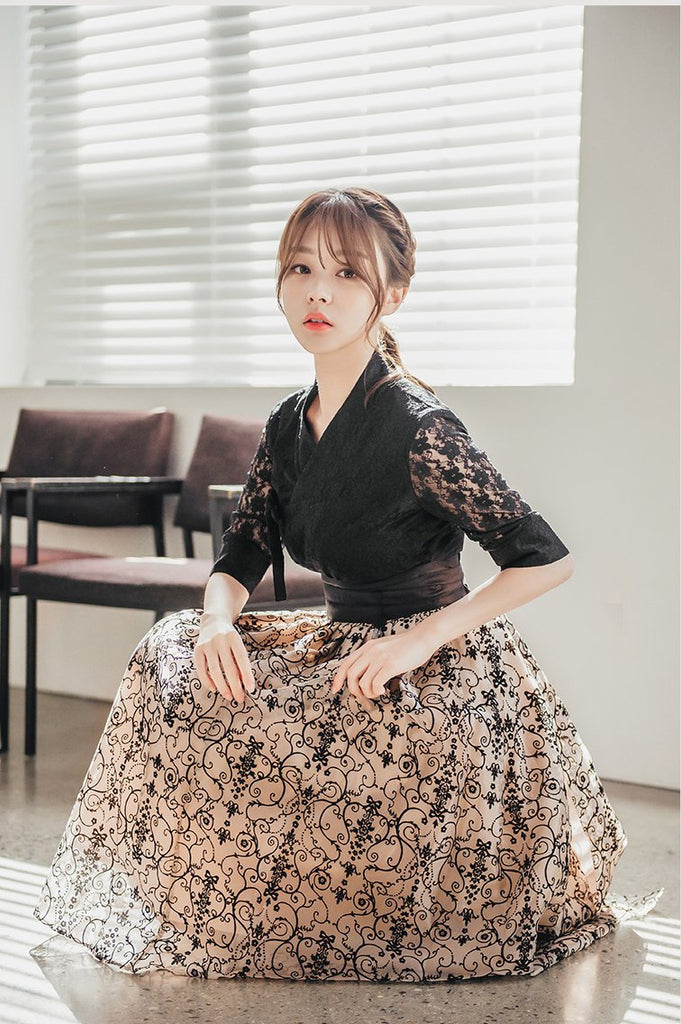 Women's Modern Hanbok: Romantic Black Lace Top with Beige Skirt-The Korean In Me