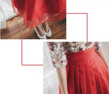 Women's Modern Hanbok: Rose Floral Dress with Red Tulle Skirt-The Korean In Me