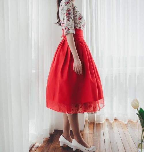 Women's Modern Hanbok: Rose Floral Dress with Red Tulle Skirt-The Korean In Me