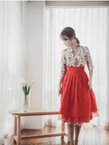 Women's Modern Hanbok: Rose Floral Dress with Red Tulle Skirt