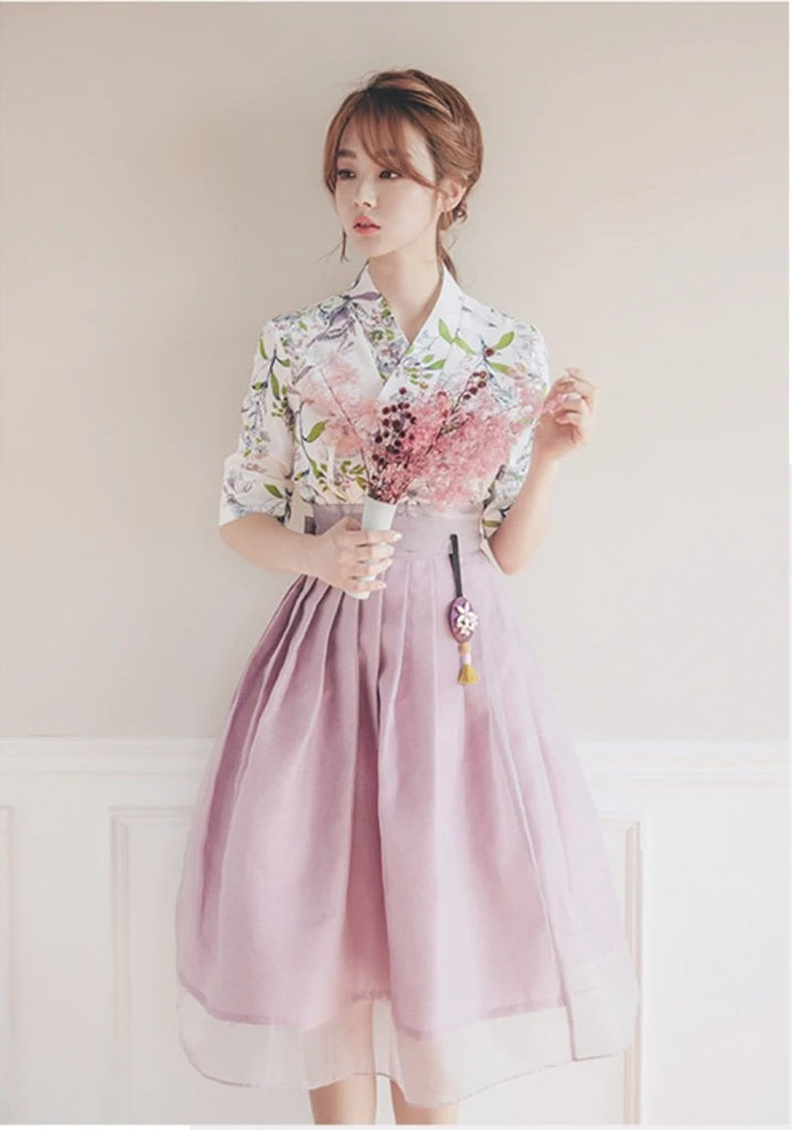 Women's Modern Hanbok: Spring Meadow Top with Lilac Tulle Skirt-The Korean In Me