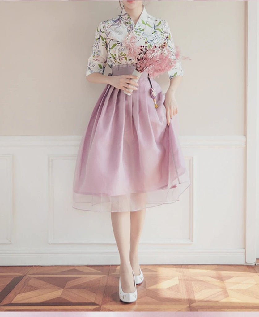 Women's Modern Hanbok: Spring Meadow Top with Lilac Tulle Skirt-The Korean In Me