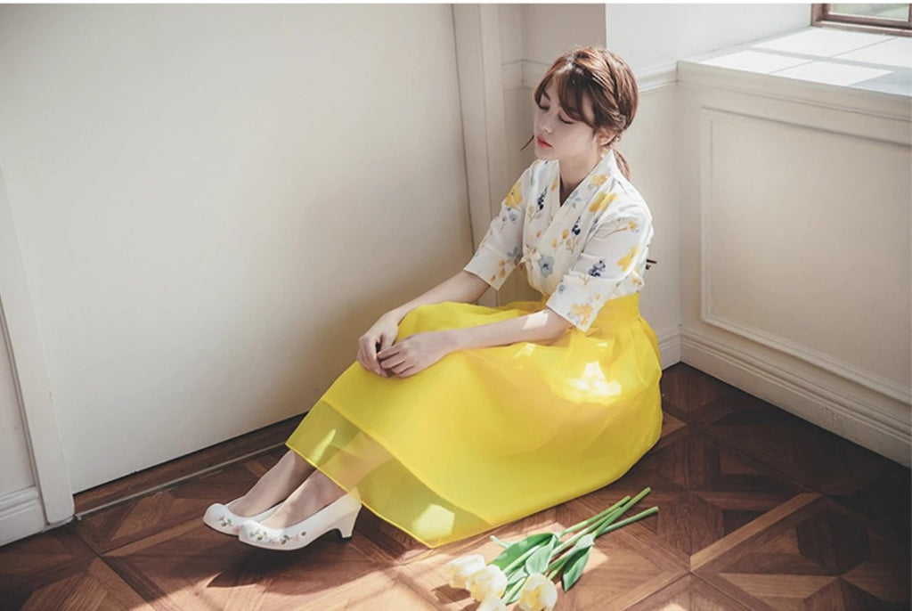 Women's Modern Hanbok: Sunny Spring Top with Yellow Tulle Skirt-The Korean In Me