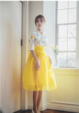 Women's Modern Hanbok: Sunny Spring Top with Yellow Tulle Skirt