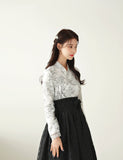Women's Modern Hanbok: White Floral Top With Black Skirt-The Korean In Me
