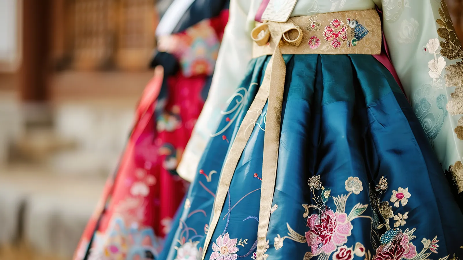 Close detail of an embroidered blue chima and a tied goreum