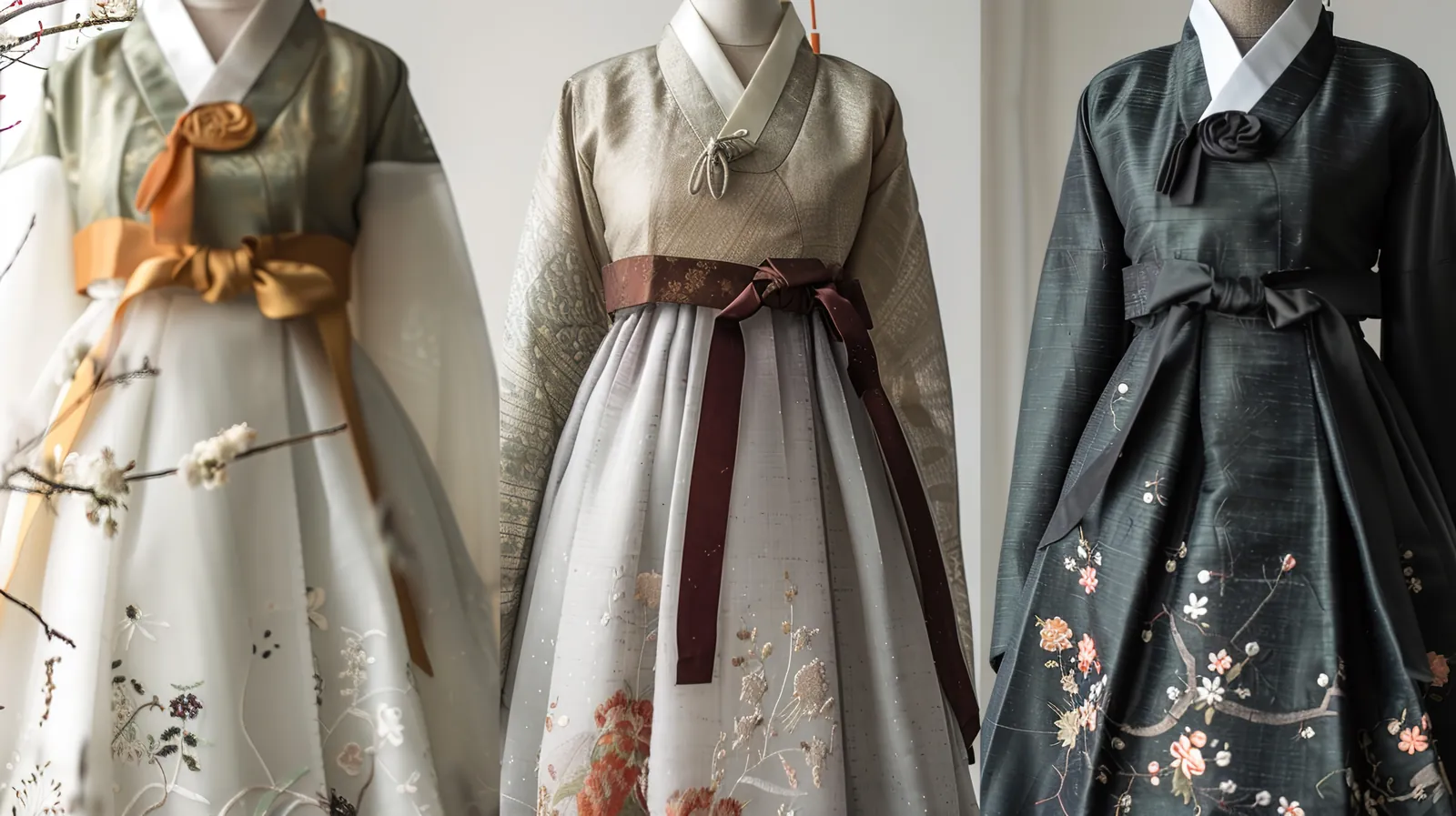 Three hanbok in ivory, gray and black with tied ribbons, close detail